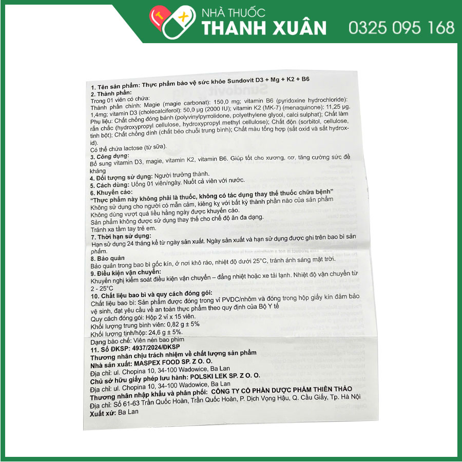 Thuốc Sundovit D3 + Mg + K2 + B6 hỗ trợ xương, răng phát triển